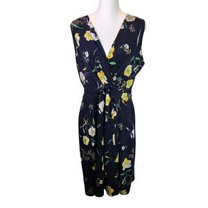 Kaileigh Stitch Fix Navy Yellow Floral Faux Wrap Sleeveless Midi Dress XXL